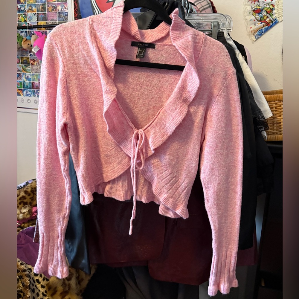 Pink Ruffled cropped knit tie front sweater from forever 21